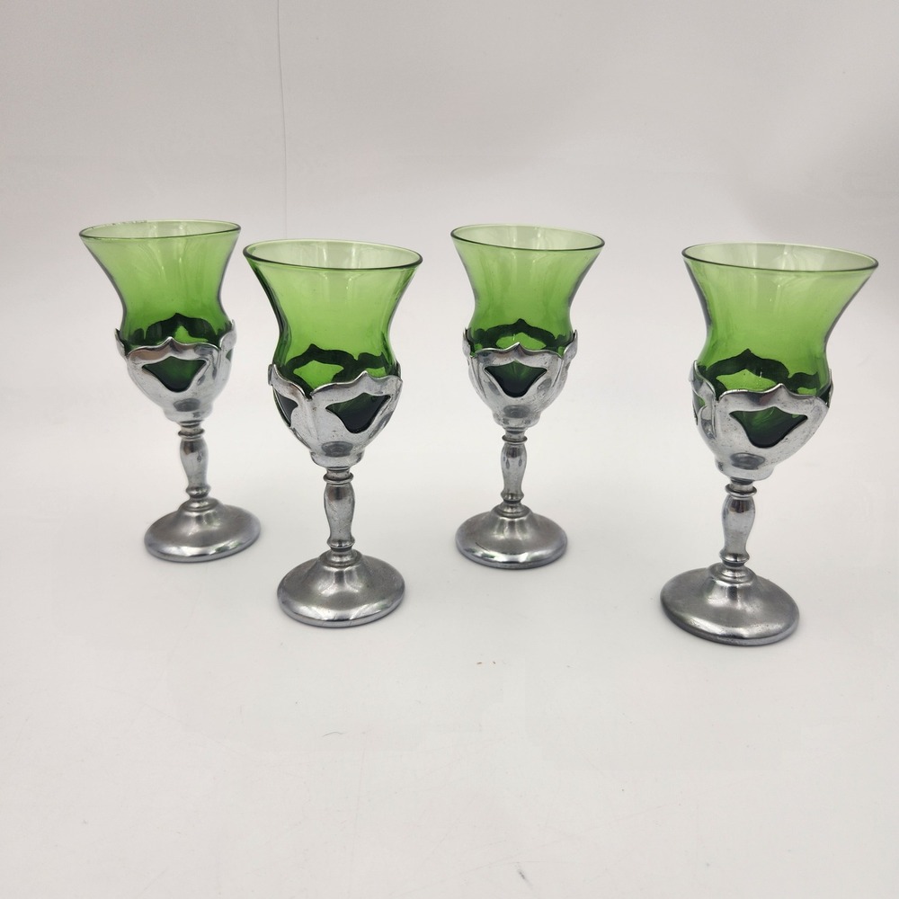 Vintage Farber Bros NYC Chrome‎ Green Glass Cordial Glasses Art Deco Set of 4
